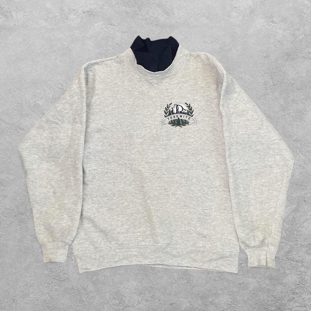 Vintage 90s Hanes Real American Embroidered Yosemite Gray Mock Neck Sweatshirt